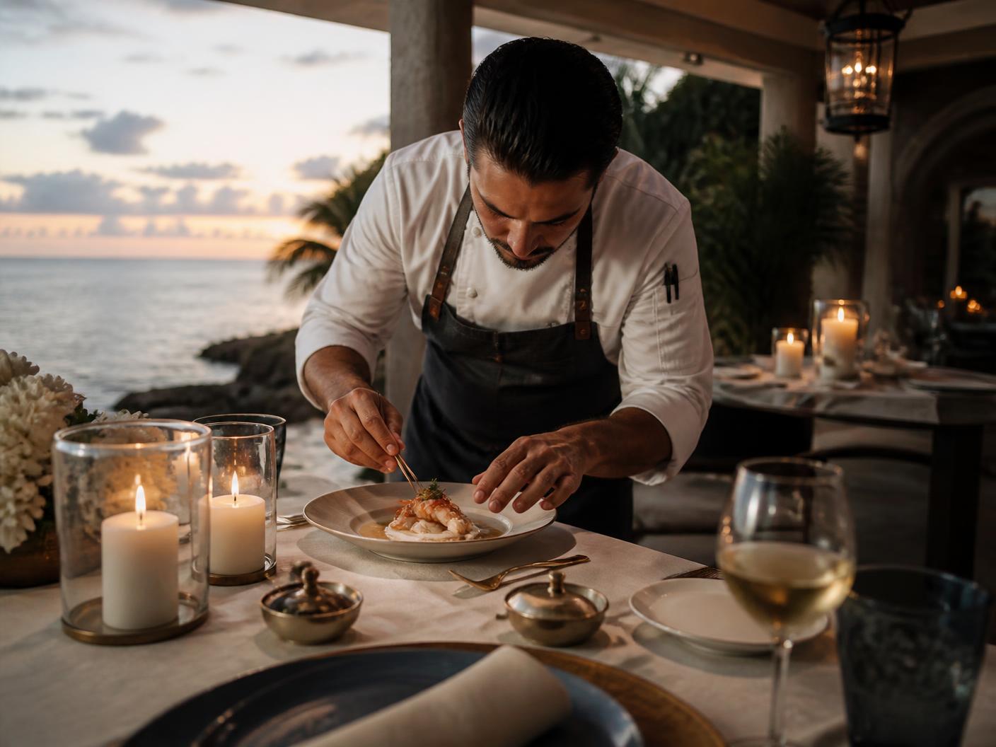 Private chef preparing dinner on a villa terrace above the Caribbean sea